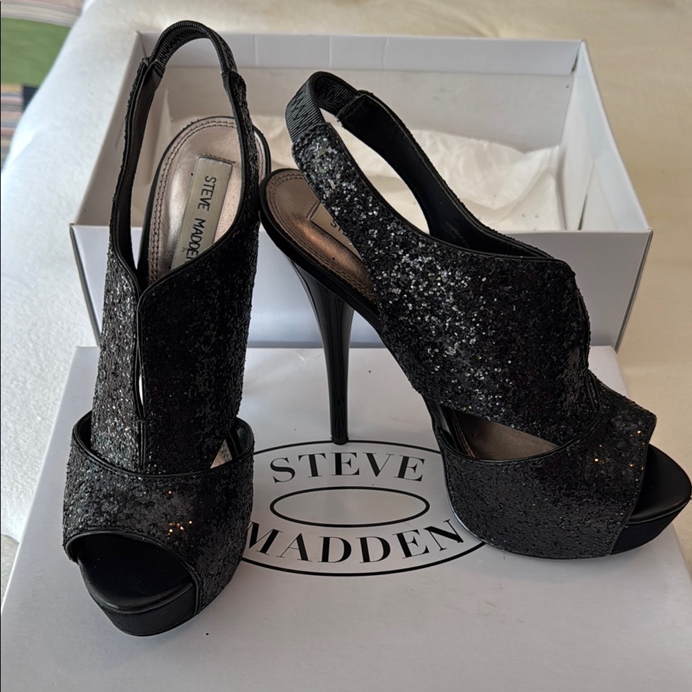 Steve Madden Black Glitter Platform Stiletto Heels, Snobbie 8